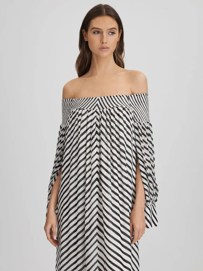 Women Reiss Dresses Fabia Striped Bardot Maxi Dress Blackcream