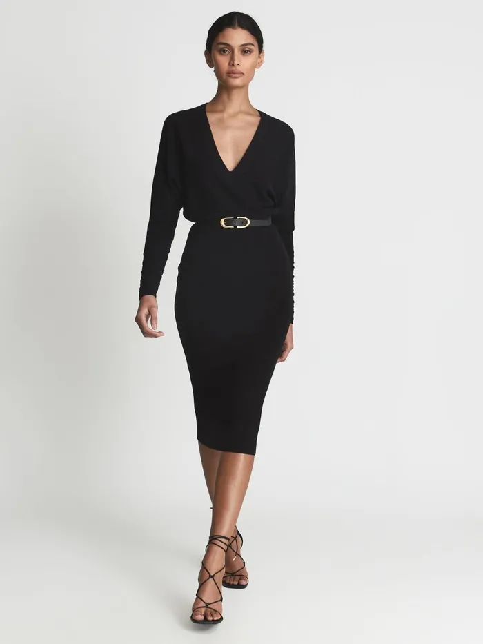 Women Reiss Dresses Jenna Wool Blend Ruched Sleeve Midi Dress Black