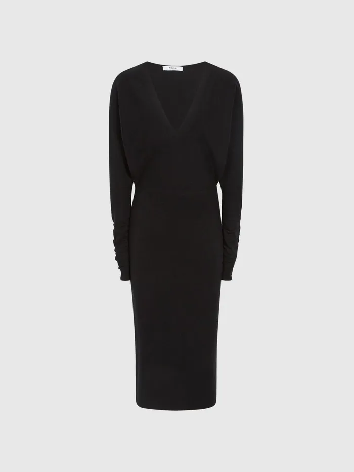 Women Reiss Dresses Jenna Wool Blend Ruched Sleeve Midi Dress Black