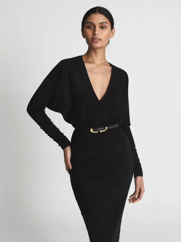 Women Reiss Dresses Jenna Wool Blend Ruched Sleeve Midi Dress Black