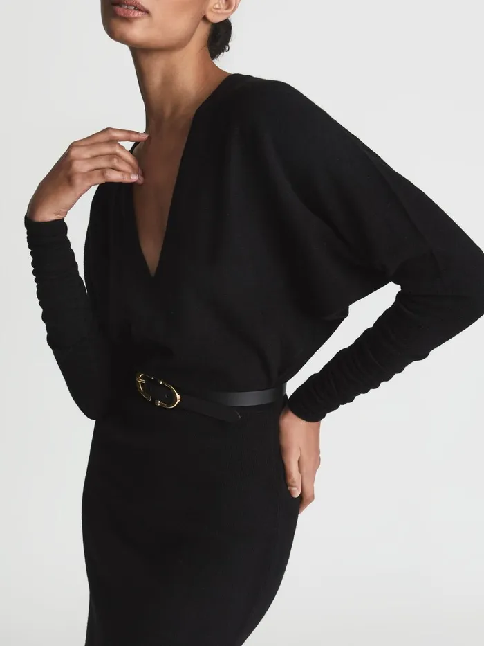 Women Reiss Dresses Jenna Wool Blend Ruched Sleeve Midi Dress Black