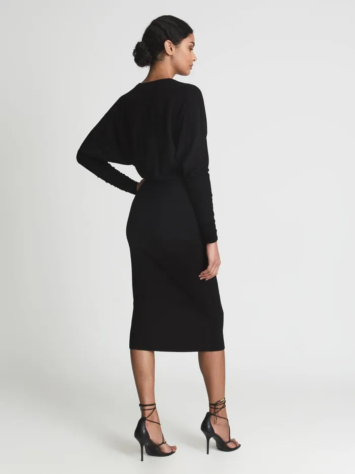 Women Reiss Dresses Jenna Wool Blend Ruched Sleeve Midi Dress Black