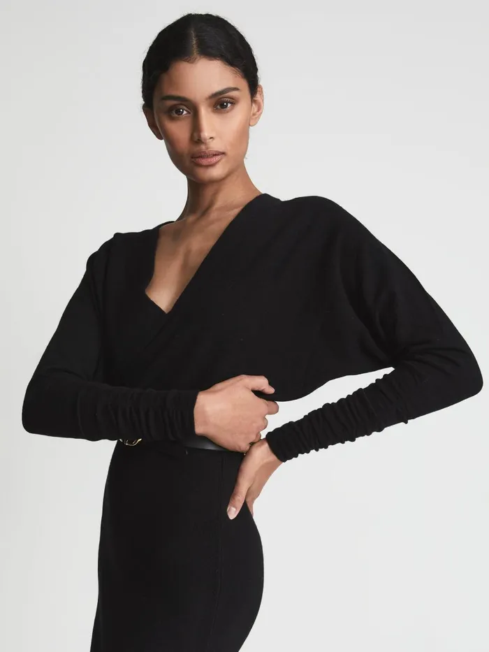 Women Reiss Dresses Jenna Wool Blend Ruched Sleeve Midi Dress Black