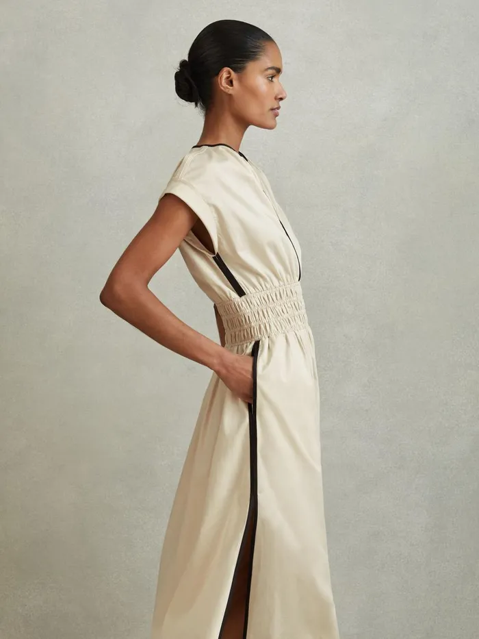 Women Reiss Dresses Lena Cotton Ruched Waist Midi Dress Neutralblack