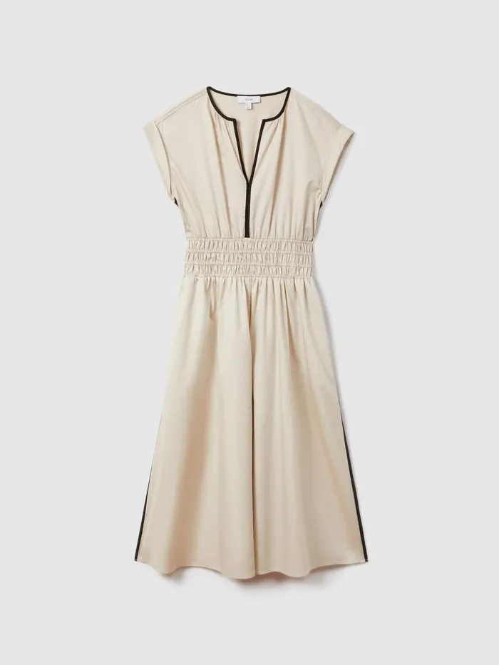 Women Reiss Dresses Lena Cotton Ruched Waist Midi Dress Neutralblack