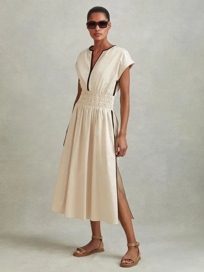 Women Reiss Dresses Lena Cotton Ruched Waist Midi Dress Neutralblack