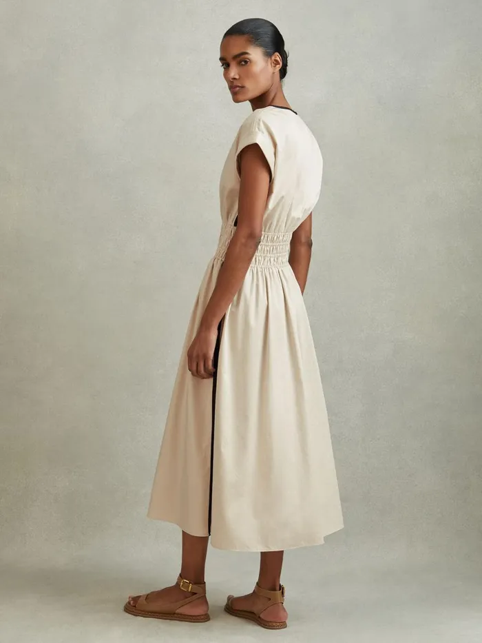 Women Reiss Dresses Lena Cotton Ruched Waist Midi Dress Neutralblack