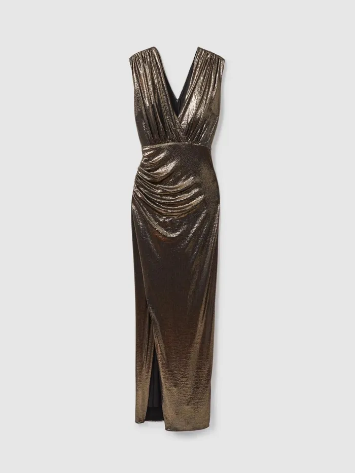 Women Reiss Dresses Metallic Ruched Maxi Dress Gold
