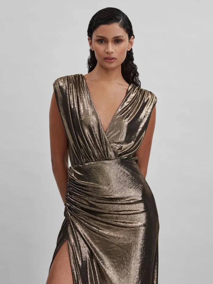 Women Reiss Dresses Metallic Ruched Maxi Dress Gold