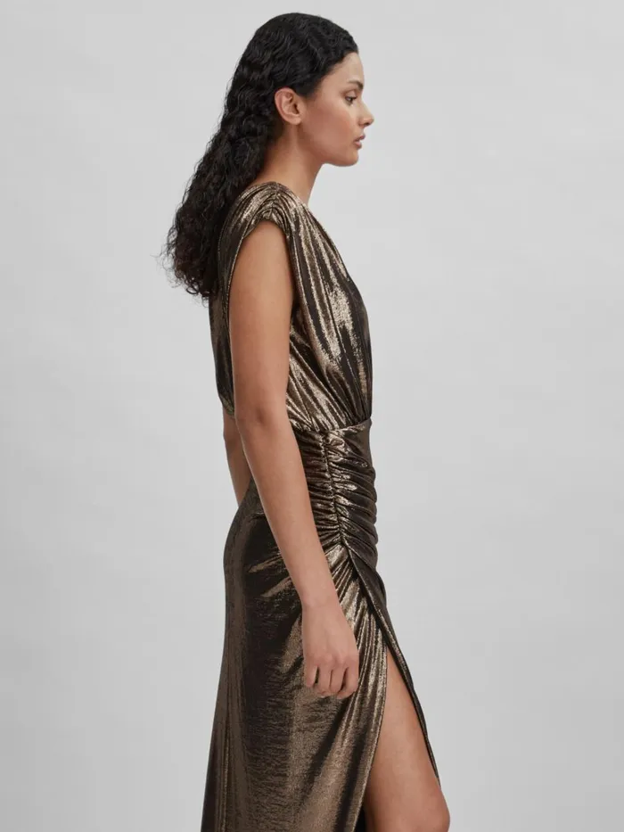 Women Reiss Dresses Metallic Ruched Maxi Dress Gold