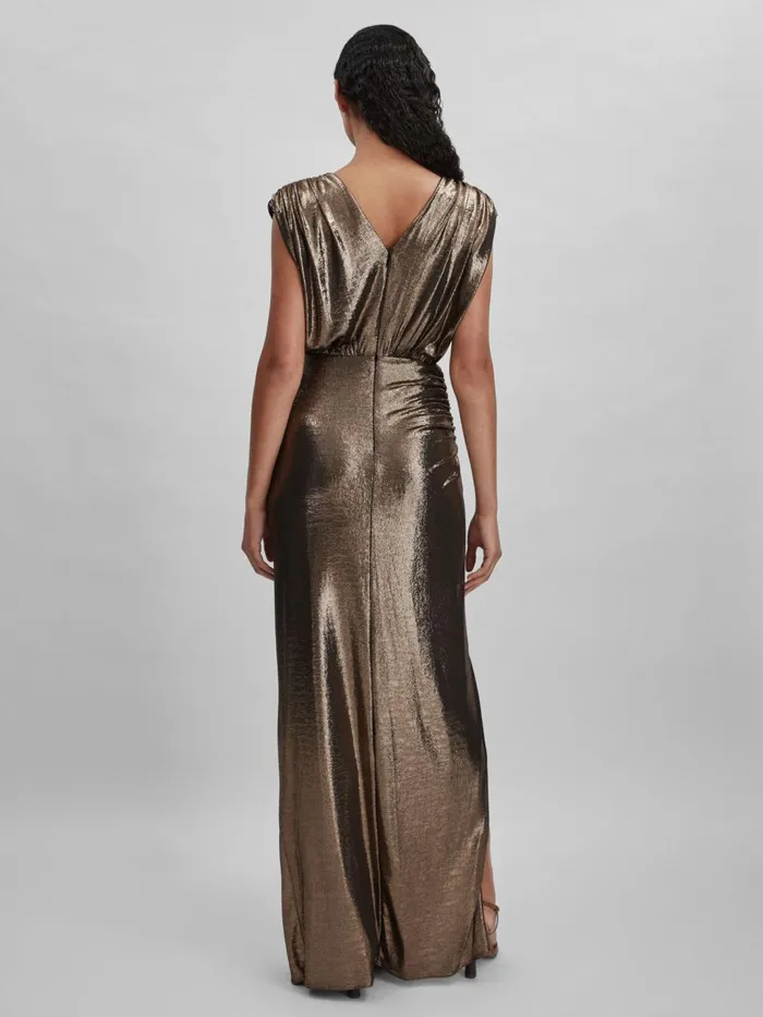Women Reiss Dresses Metallic Ruched Maxi Dress Gold