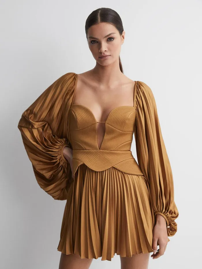 Women Reiss Dresses Peplum Pleated Mini Dress Gold