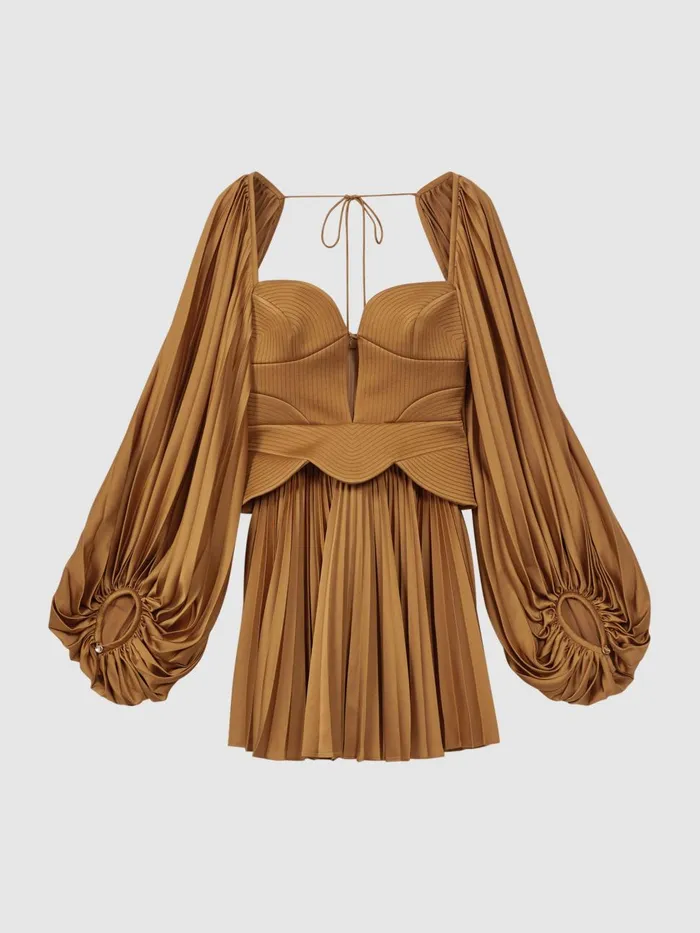 Women Reiss Dresses Peplum Pleated Mini Dress Gold