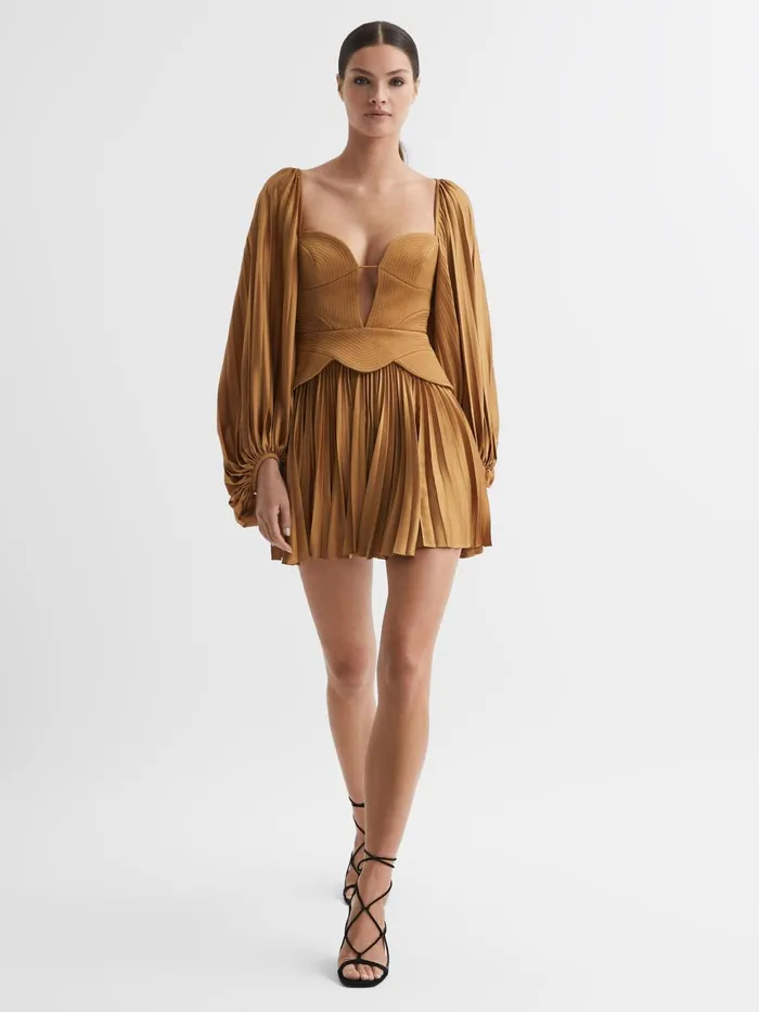 Women Reiss Dresses Peplum Pleated Mini Dress Gold