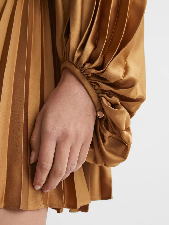 Women Reiss Dresses Peplum Pleated Mini Dress Gold