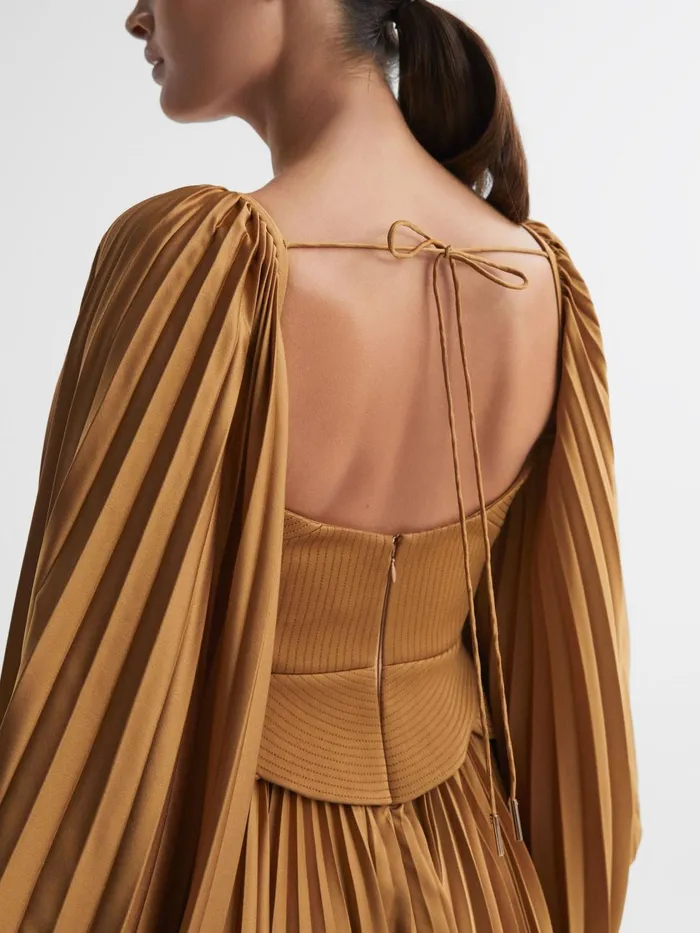 Women Reiss Dresses Peplum Pleated Mini Dress Gold