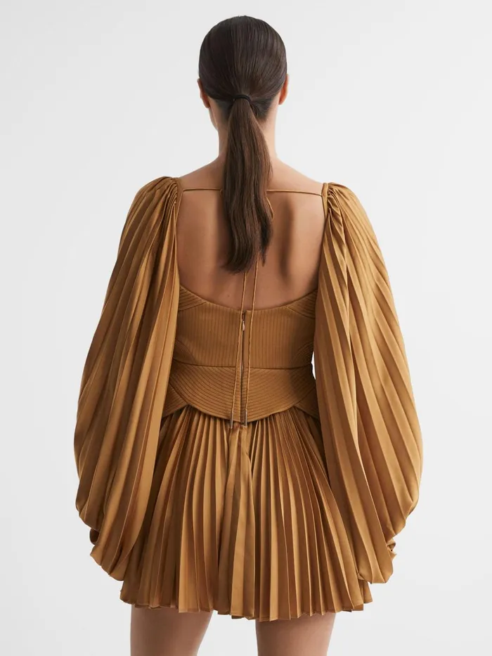 Women Reiss Dresses Peplum Pleated Mini Dress Gold