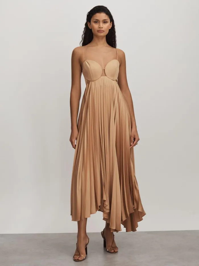 Women Reiss Dresses Pleated Asymmetric Midi Dress Gold