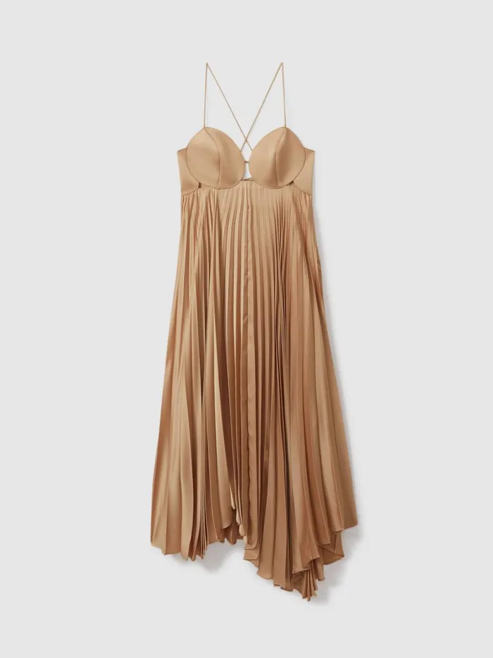 Women Reiss Dresses Pleated Asymmetric Midi Dress Gold