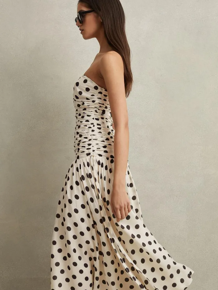Women Reiss Dresses Rue Viscose Linen Polka Dot Ruched Maxi Dress Whiteblack