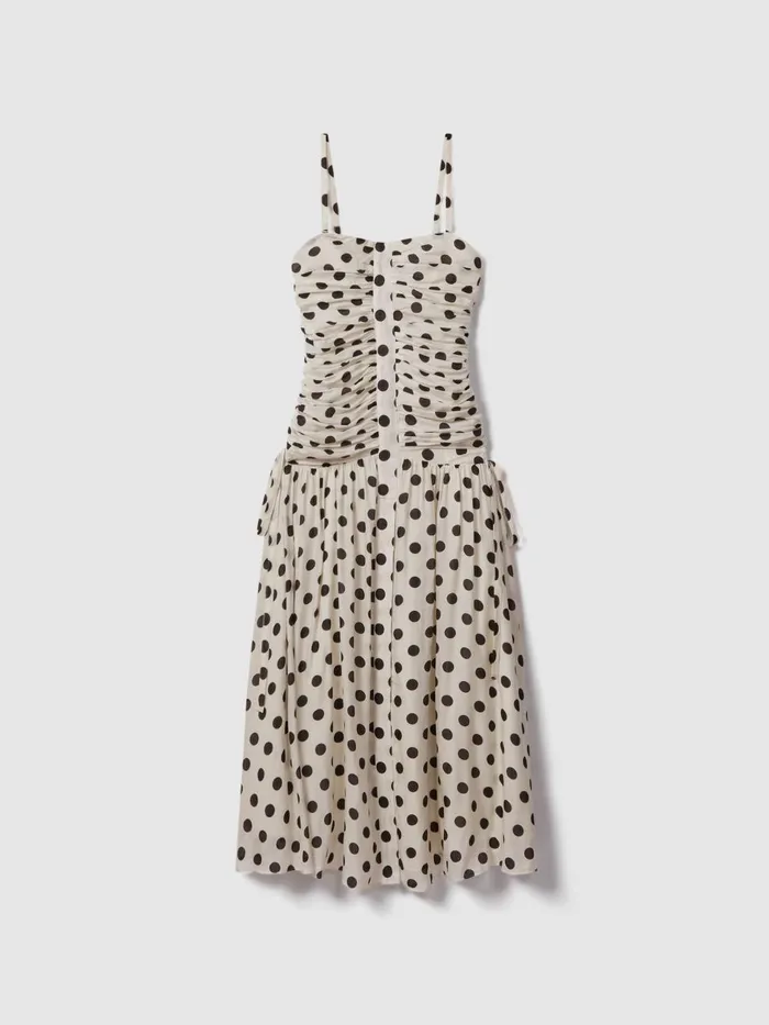 Women Reiss Dresses Rue Viscose Linen Polka Dot Ruched Maxi Dress Whiteblack