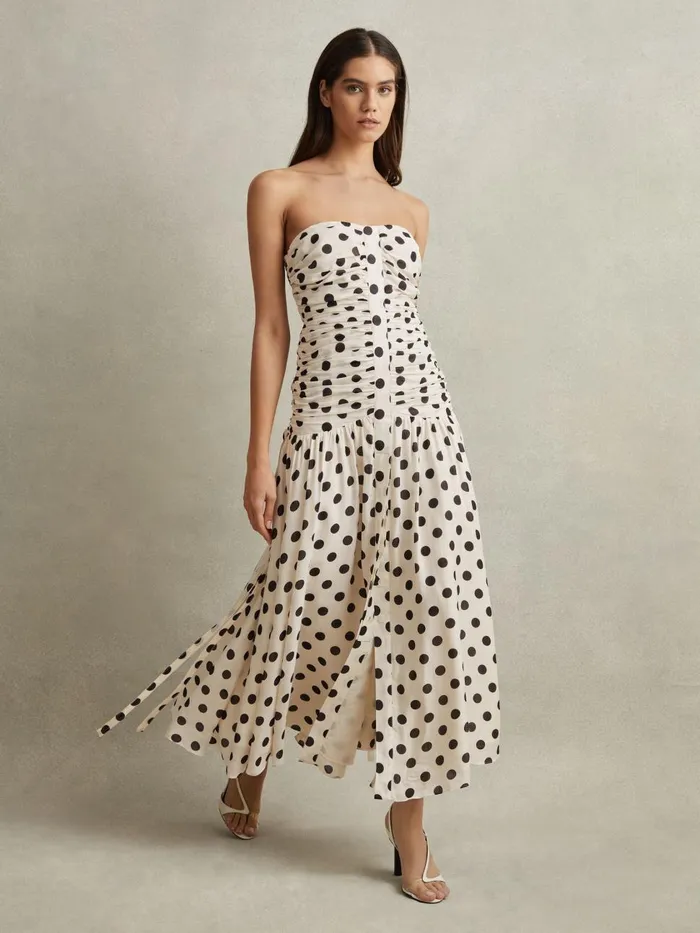 Women Reiss Dresses Rue Viscose Linen Polka Dot Ruched Maxi Dress Whiteblack