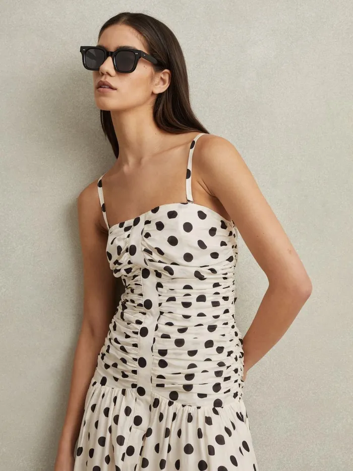 Women Reiss Dresses Rue Viscose Linen Polka Dot Ruched Maxi Dress Whiteblack