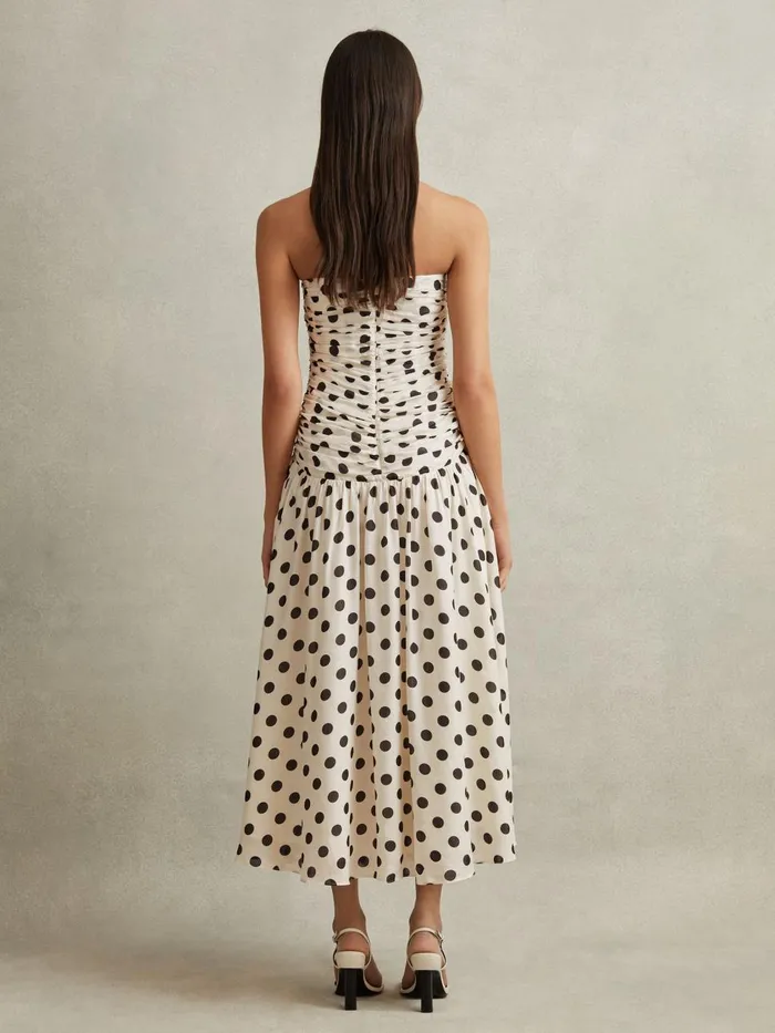 Women Reiss Dresses Rue Viscose Linen Polka Dot Ruched Maxi Dress Whiteblack