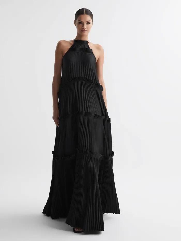 Women Reiss Dresses Ruffle Halterneck Maxi Dress Black