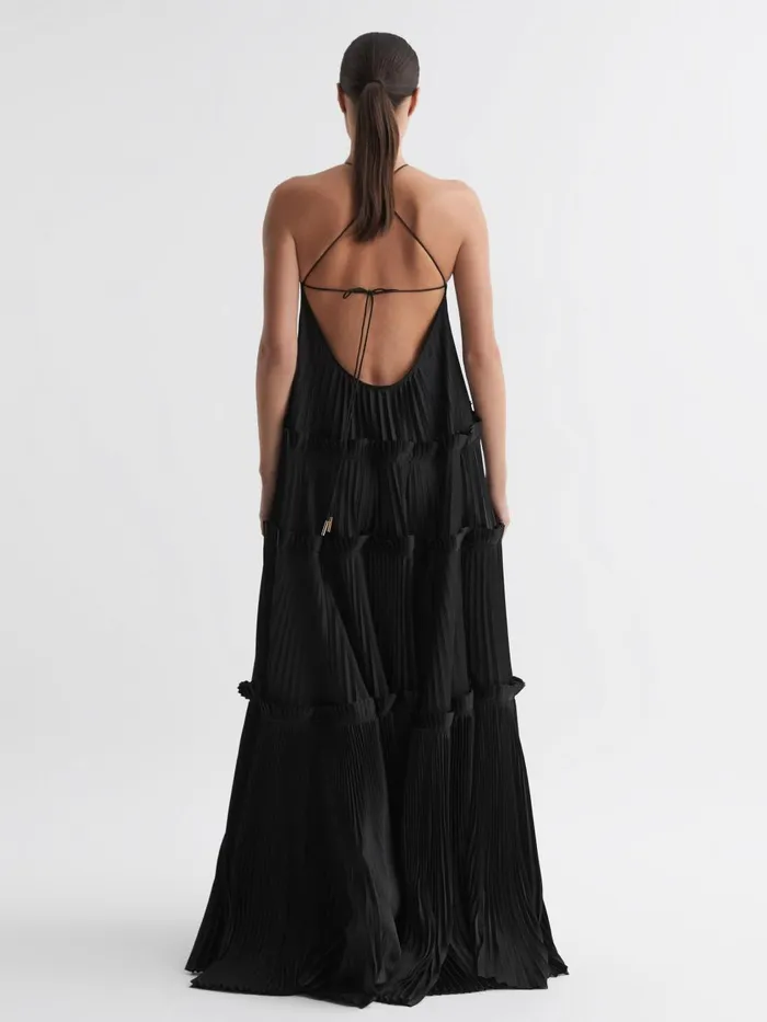 Women Reiss Dresses Ruffle Halterneck Maxi Dress Black