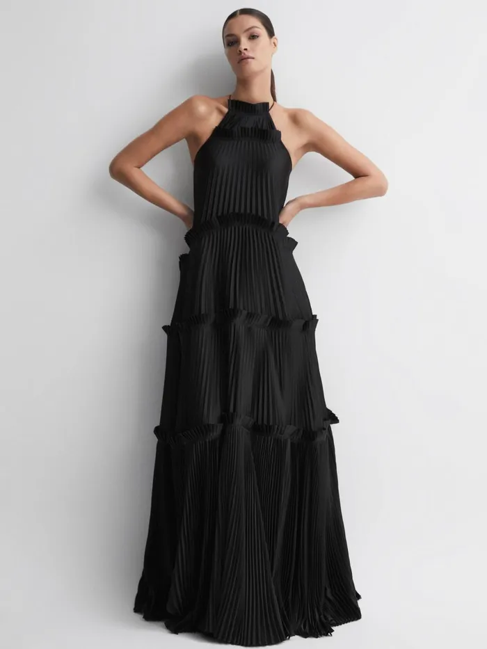 Women Reiss Dresses Ruffle Halterneck Maxi Dress Black
