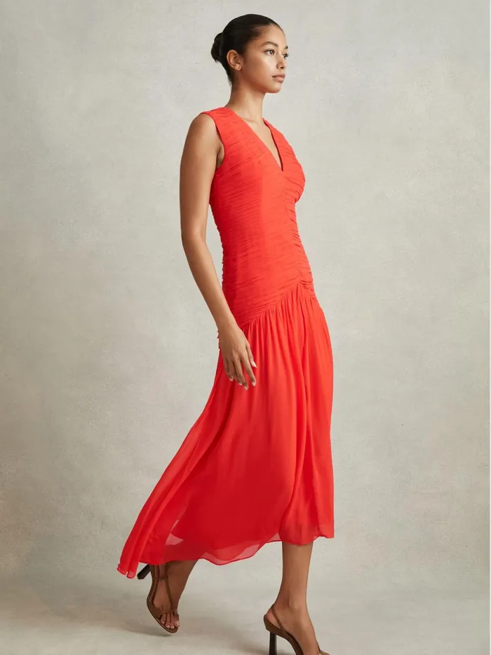 Women Reiss Dresses Saffy Ruched Bodycon Midi Dress Coral