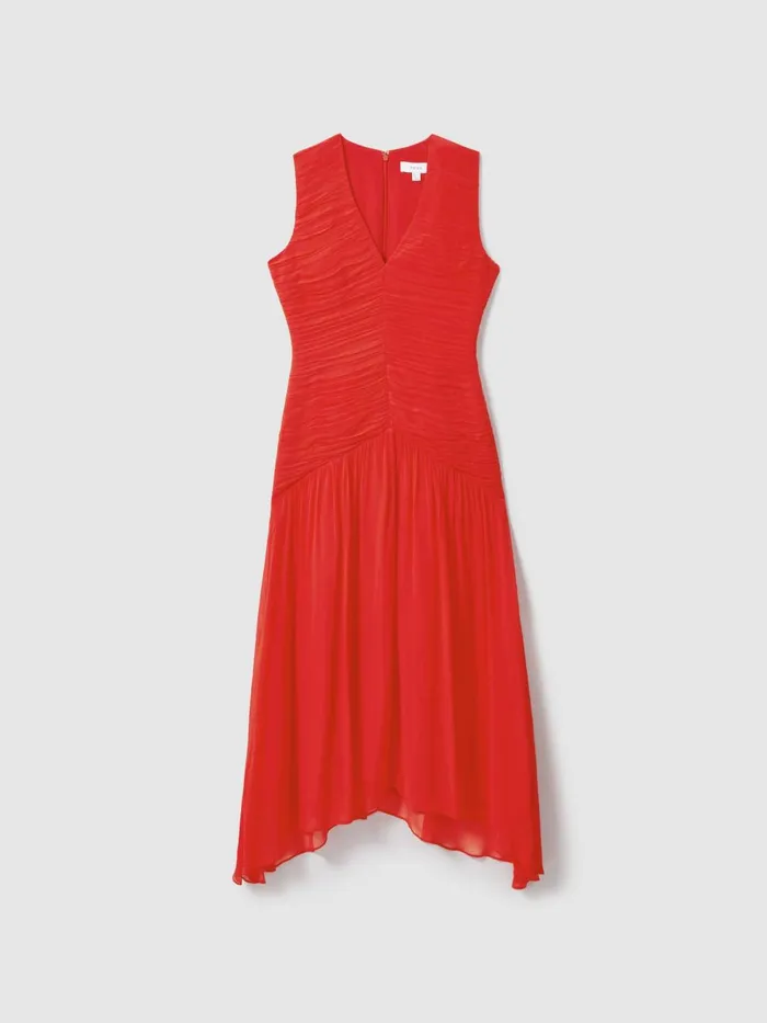 Women Reiss Dresses Saffy Ruched Bodycon Midi Dress Coral