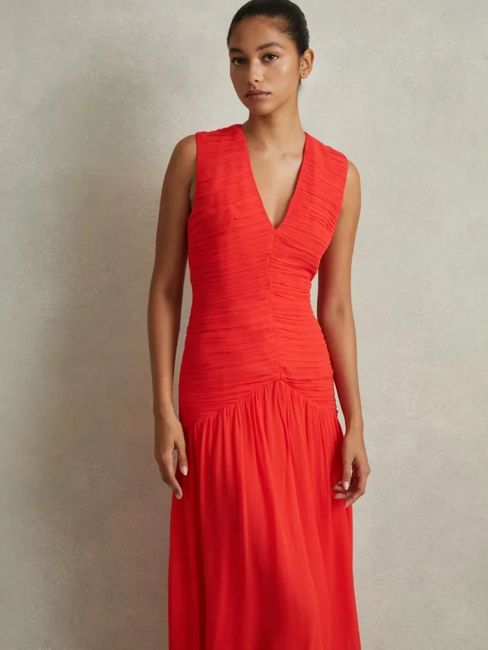 Women Reiss Dresses Saffy Ruched Bodycon Midi Dress Coral