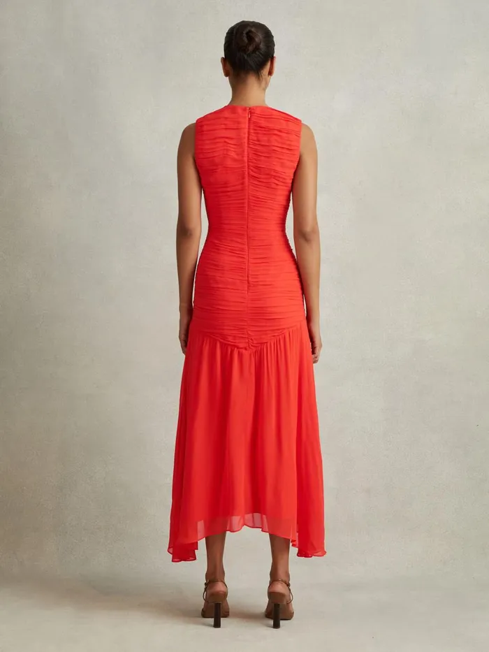 Women Reiss Dresses Saffy Ruched Bodycon Midi Dress Coral