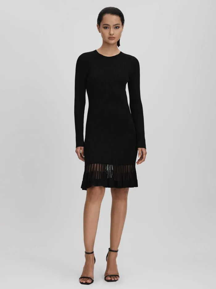 Women Reiss Dresses Teagan Knitted Sheer Flared Mini Dress Black