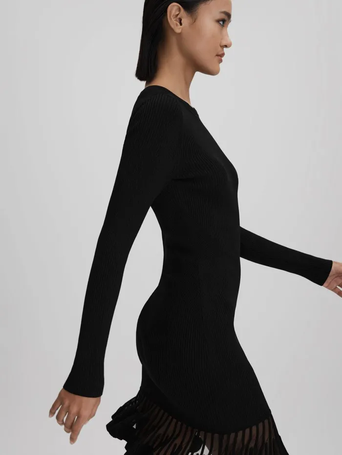 Women Reiss Dresses Teagan Knitted Sheer Flared Mini Dress Black