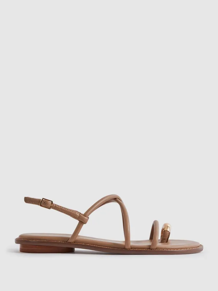 Women Reiss Flats Molly Strappy Leather Sandals With Toe Ring Nude