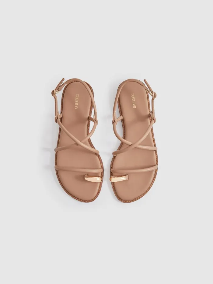Women Reiss Flats Molly Strappy Leather Sandals With Toe Ring Nude
