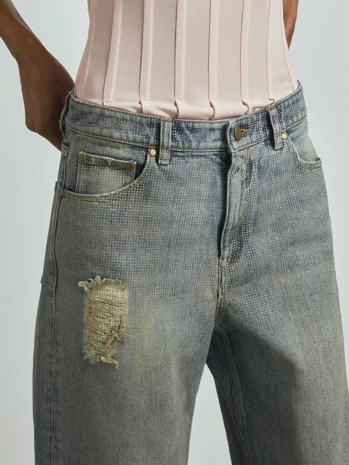 Women Reiss Jeans Embellished Wide Leg Jeans Blue
