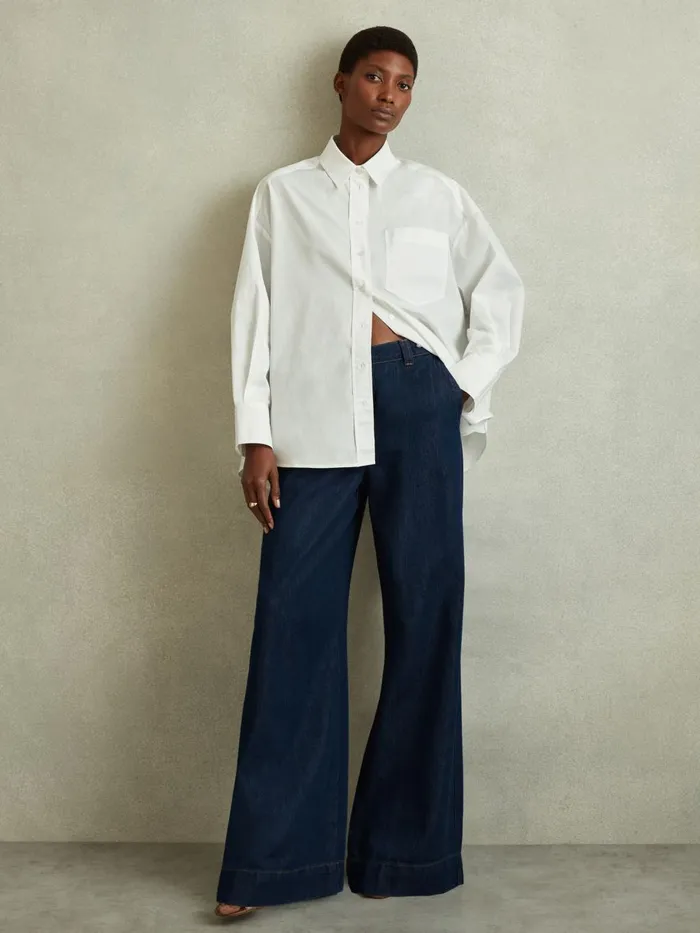 Women Reiss Jeans Olivia Wide Leg Contrast Stitch Jeans Dark Blue