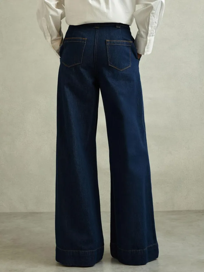 Women Reiss Jeans Olivia Wide Leg Contrast Stitch Jeans Dark Blue