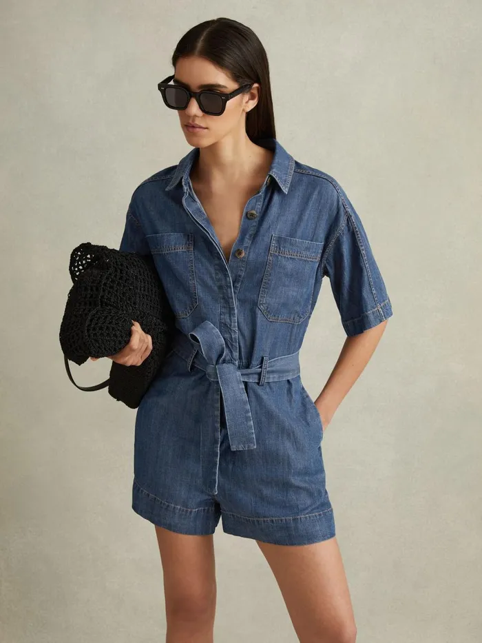 Women Reiss Jumpsuits and Playsuits Seren Denim Belted Playsuit Indigo