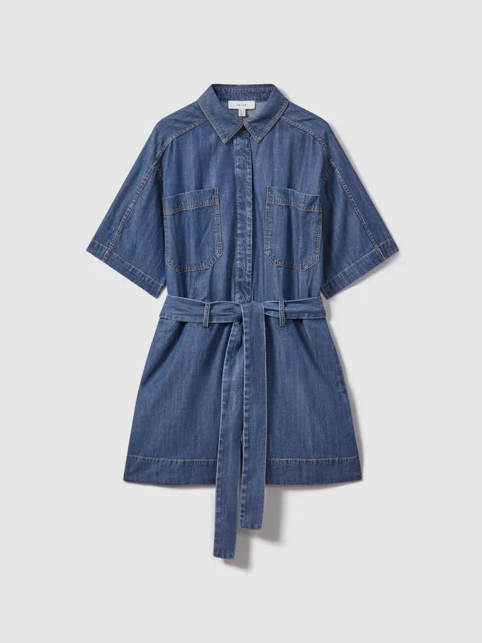 Women Reiss Jumpsuits and Playsuits Seren Denim Belted Playsuit Indigo