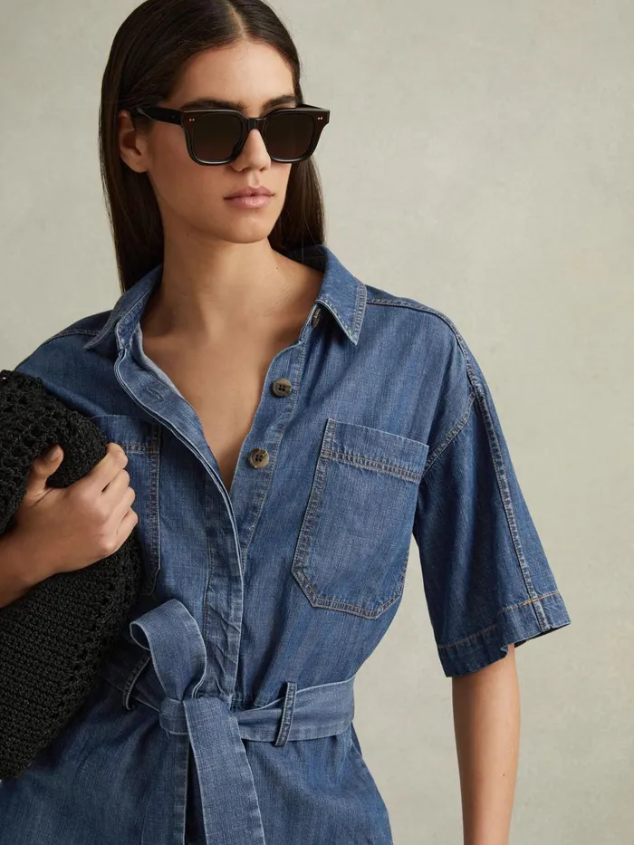 Women Reiss Jumpsuits and Playsuits Seren Denim Belted Playsuit Indigo