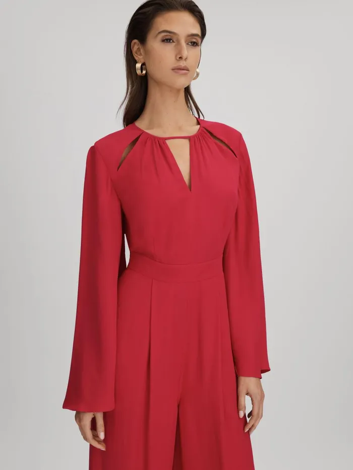 Women Reiss Jumpsuits and Playsuits Tania CutOut Flared Sleeve Jumpsuit Coral