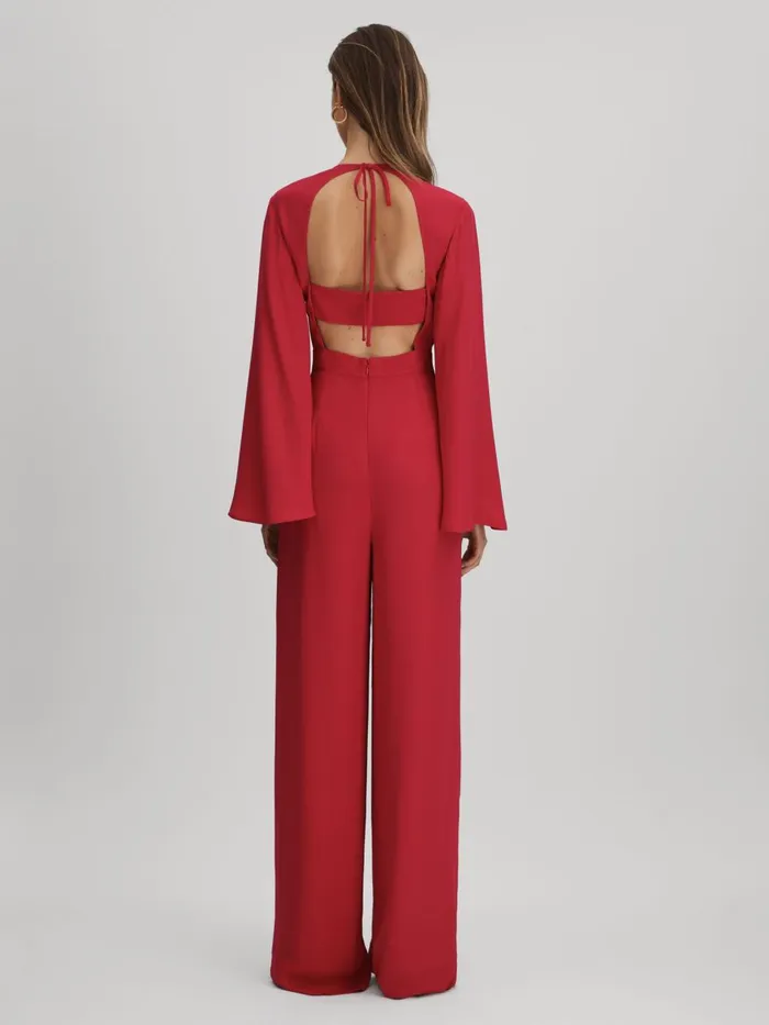 Women Reiss Jumpsuits and Playsuits Tania CutOut Flared Sleeve Jumpsuit Coral