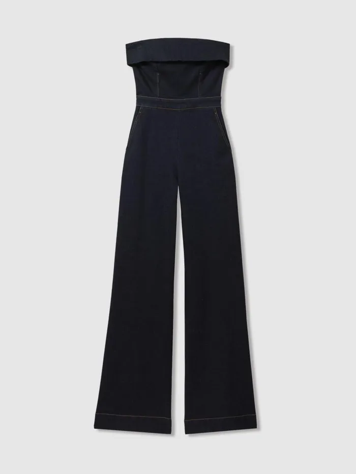 Women Reiss Jumpsuits and Playsuits Tiggie Denim Strapless Wide Leg Jumpsuit Indigo