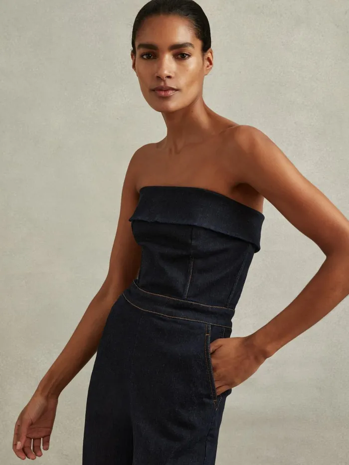 Women Reiss Jumpsuits and Playsuits Tiggie Denim Strapless Wide Leg Jumpsuit Indigo