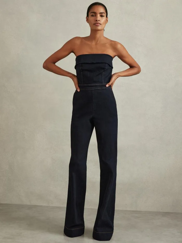 Women Reiss Jumpsuits and Playsuits Tiggie Denim Strapless Wide Leg Jumpsuit Indigo